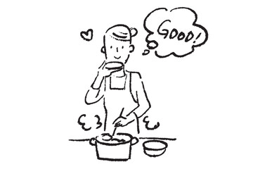 台所で料理しながら味見をする若い女性　シンプルなクレヨンタッチの白黒イラスト