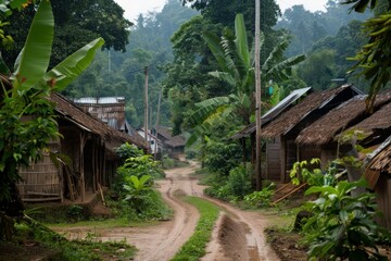 Fototapeta premium Simple wooden houses with thatched roofs line a muddy road in a tropical village, showcasing rural life in southeast asia
