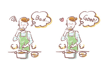 台所で料理しながら味見をする若い女性　シンプルなクレヨンタッチのイラストのセット