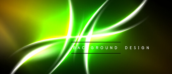 Naklejka premium Abstract neon lines create vibrant green, yellow flow. Dark background emphasizes luminous curves, modern design element.