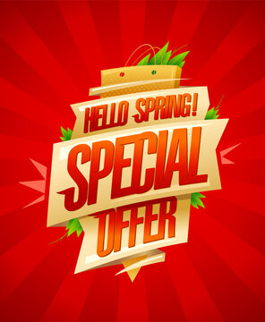 Hello spring special offer poster design template with golden ribbons and shopping bag