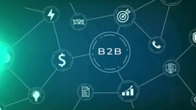 Business to Business concept shown as B2 B in a central circle connected to finance technology communication and business on a dark blue dotted background with a bright green light