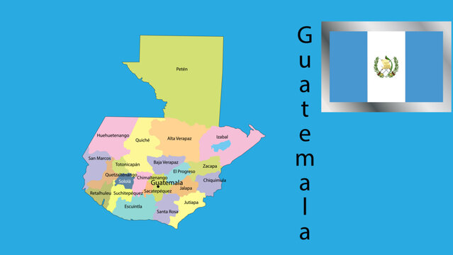 Vector map of Guatemala with national flag overlay. Detailed country silhouette isolated on white. Perfect for travel, geography, and icons.