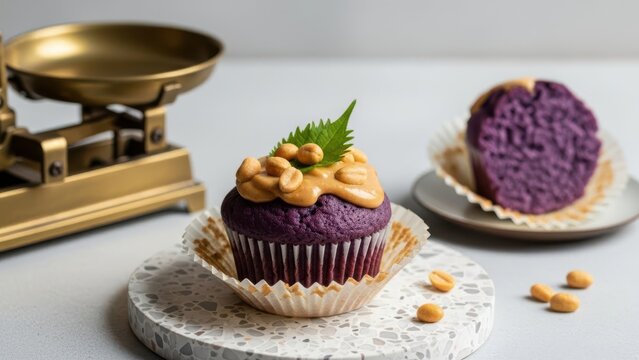Purple ube cupcake with peanut butter frosting and peanuts on a countertop with vintage scale