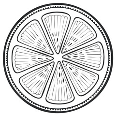 Stylized Citrus Slice Graphic, Round Fruit Segment with Bold Black Outline and Decorative Border, Abstract Citrus Fruit Design