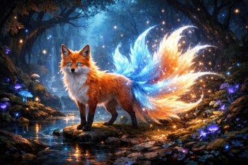 Fototapeta premium Mystical fox with glowing tails