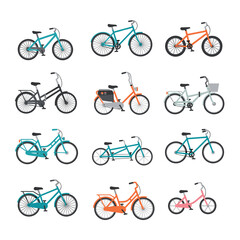 Fototapeta premium Diverse Flat Design Bicycle Collection Urban City Mountain Tandem Kids Bikes