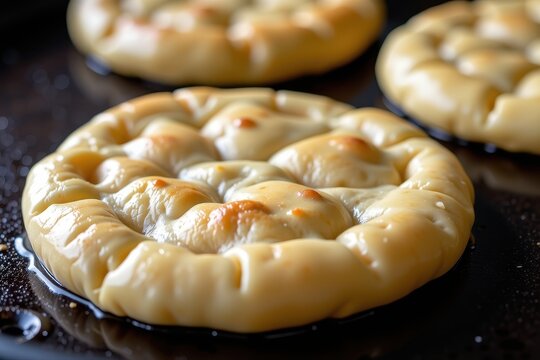 A close up of a perfectly round Jamaican Bammy (cassava bread) being flipped on a hot griddle. (Note: Americas context).