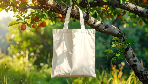 Canvas tote bag hangs from a fruit-laden branch, sunlit with a blurred verdant backdrop