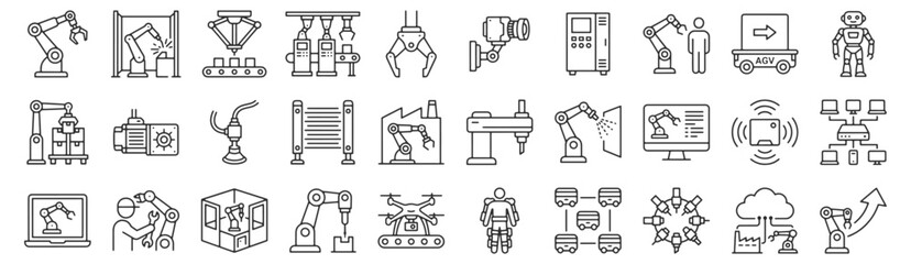 Robotics manufacturing line icon set. Industrial robot arm, welding cell, assembly conveyor, manipulator, vision camera, plc cabinet outline vector illustrations. Signs for industrial automation.