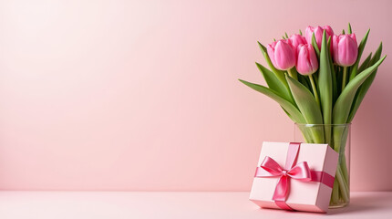 Fototapeta premium Pink tulips in transparent glass vase with pink gift box on pink table surface