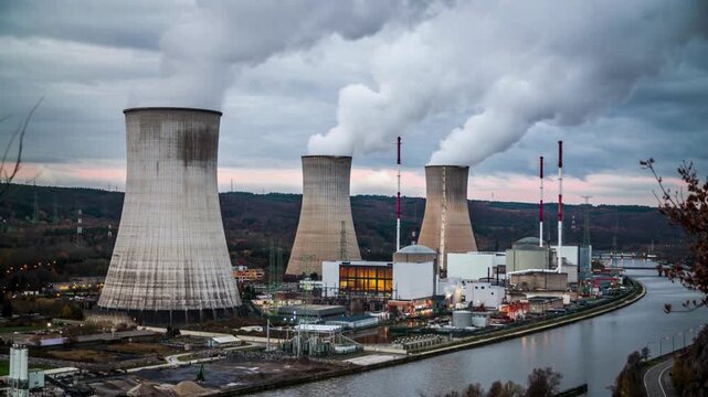 Nuclear power plant cooling towers releasing white steam by river bank under cloudy sky at dawn showing energy infrastructure in industrial landscape