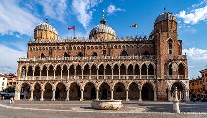 Obraz premium Historic building with arched facade and domed roofs, flags waving, atop a stone fountain in an open square