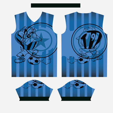Blue and Black Striped Soccer Jersey Template with Cartoon Taz Mascot and Football Graphics