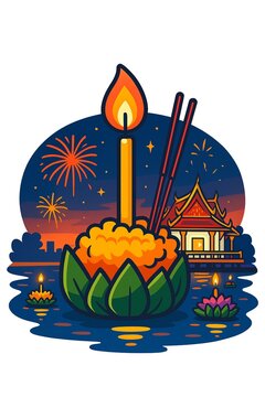 A decorated krathong with candle and incense floating on water during Loy Krathong festival in Thailand, surrounded by lights, flowers, and a glowing temple backdrop