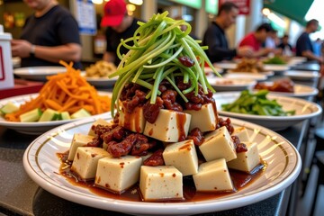 Fototapeta premium A bustling street food market in Taipei featuring a towering plate of Stinky Tofu covered in fermented cabbage.