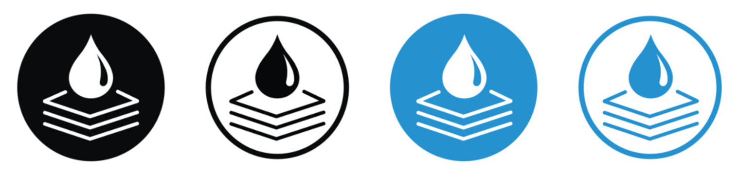 A water droplet sitting atop multiple material layers. Illustrates multi-layer protection, breathability, and absorbent technology. Professional vector icon set.