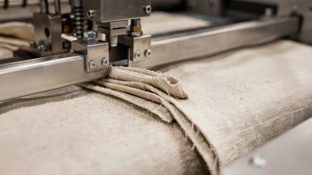 Closeup of robotic folders shaping double gussets on heavyduty feed sacks highlighting the uniform creasing process that ensures stability in packaging.