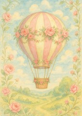 Naklejka premium Whimsical floral hot air balloon