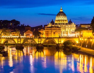 Fototapeta premium Illuminated cityscape at dusk, reflecting in tranquil water. A large domed cathedral sits prominently. An arched bridge provides the foreground