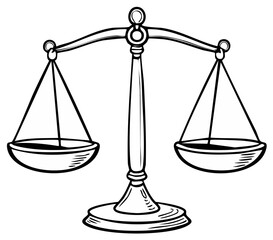 Scales of Justice Illustration, Balance Concept, Legal Weight, Measurement Tool Symbol, Black and White Drawing