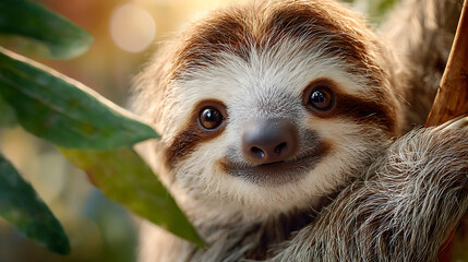 Naklejka premium Backlit sloth hugging a branch with soft glow and open copy space, ideal for educational or editorial wildlife themes.