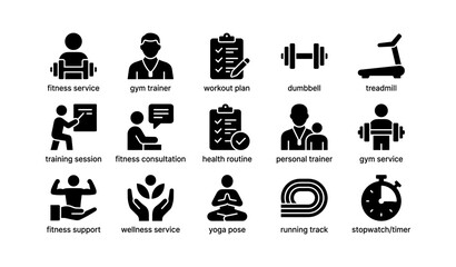 Fitness icons: gym trainer, workout plan, dumbbell, yoga pose, treadmill