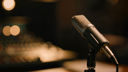 Obraz premium Studio microphone with warm lighting and blurred equipment. Suitable for podcast banner, recording article, advertising layout. 