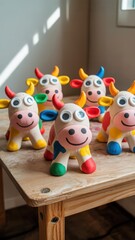 Obraz premium Colorful toy cows with big eyes on wooden table in bright playful indoor setting