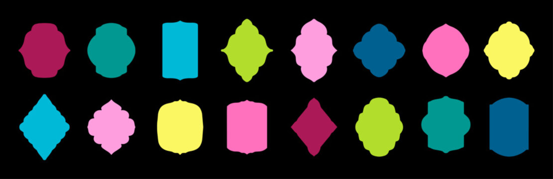 Abstract rectangle shape stickers. Square cute scallop edge kids geometric and oval stamps. Vector Y2K retro badges. Abstract scrapbook photo frames.