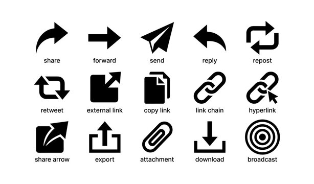 Set of communication and sharing icons: arrows, links, and files