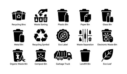 Naklejka premium Recycling and waste management icons: bins, sorting, eco-friendly symbols