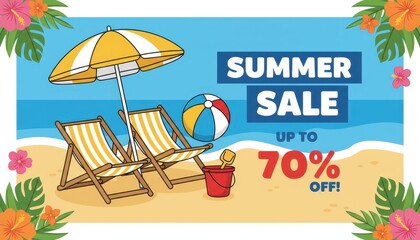 Fototapeta premium Summer sale beach scene with umbrella, chair, ball