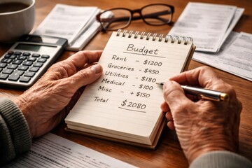 Naklejka premium Senior hands reviewing monthly household budget and bills, calculating expenses, tracking income and debts, planning savings and financial management for retirement living