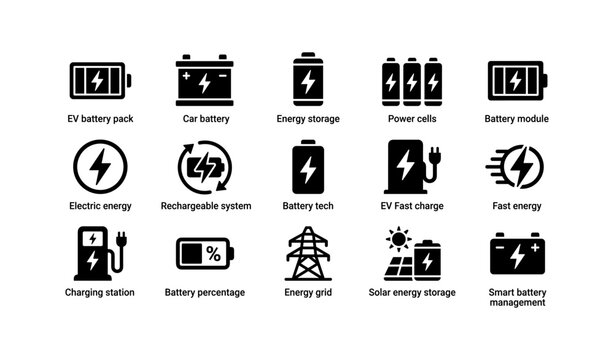 Battery and energy icons: ev, power cells, charging, renewable storage