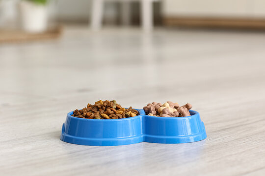 Feeding bowls with dry pet food in kitchen