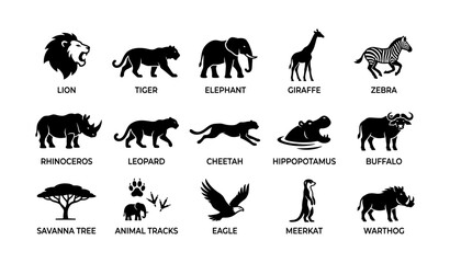 Fototapeta premium Silhouette icons of african wildlife animals including lion, tiger, and elephant