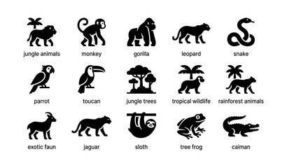 Fototapeta premium Jungle wildlife icons: gorilla, monkey, sloth, parrot, snake, more