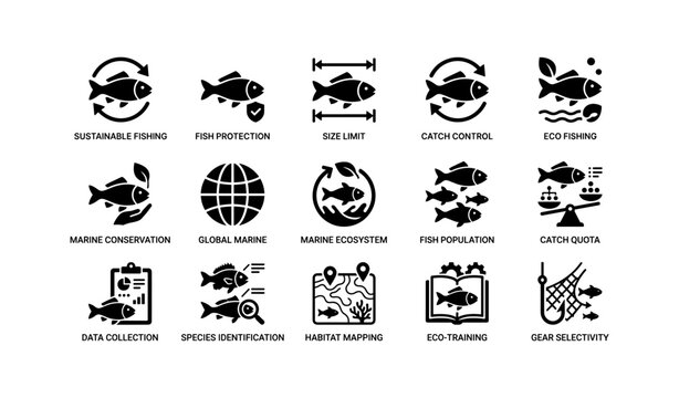 Sustainable fishing practices and marine conservation icons set