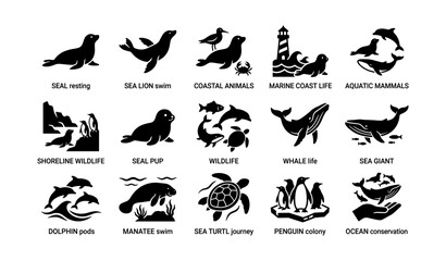 Silhouette icons of marine wildlife and coastal animals