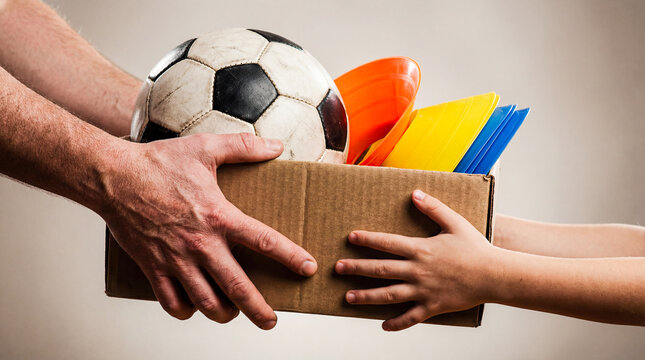 Charity volunteer handing cardboard box soccer ball sports equipment kid hands youth activity support community health donation humanitarian aid social work care package delivery