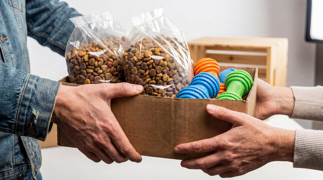 Shelter volunteer giving heavy box dry dog food kibble pet supply adopting family hands charity donation canine welfare rescue support community help cardboard package delivery