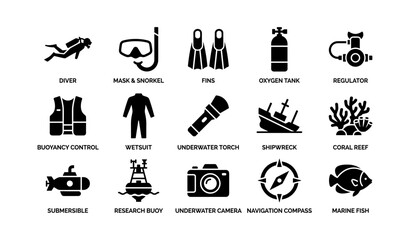 Fototapeta premium Diving equipment icons: diver, snorkel, fins, oxygen tank, regulator, shipwreck, fish