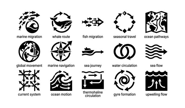 Marine migration symbols: whale, fish, ocean pathways, global movement