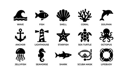 Fototapeta premium Set of ocean icons: sea life and nautical symbols in bold black silhouettes