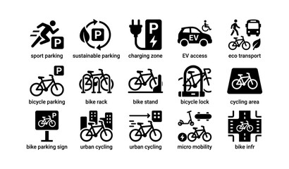 Diverse icons representing sustainable urban cycling and parking solutions