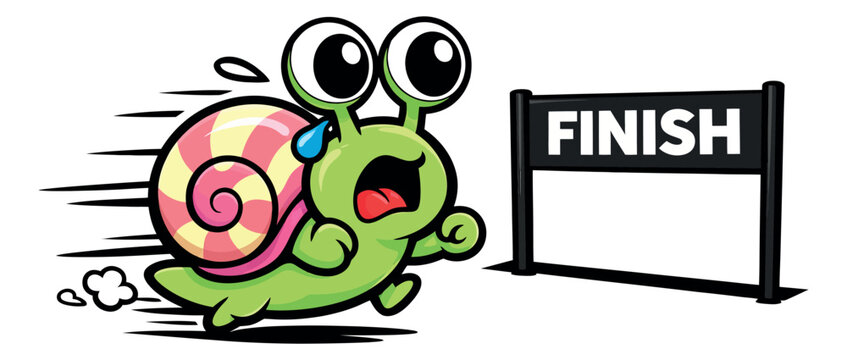 Funny cartoon illustration of a snail depicting a frantic sprint to the finish line for a competition