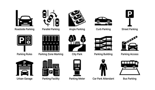 Parking icons: urban garage, parallel and angle parking, city park, bus parking