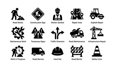 Plakat Road works and safety symbols: construction, maintenance, traffic, repair, infrastructure icons