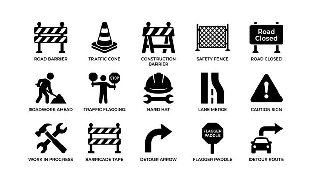 Road safety symbols set with barriers, traffic signs, and construction icons